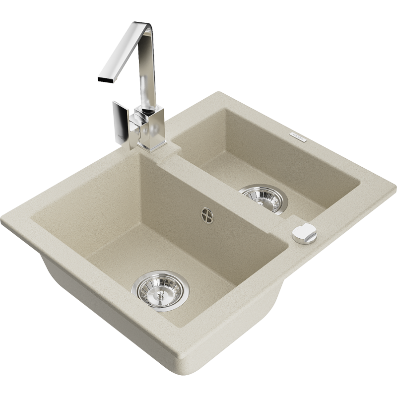 Mexen Carlos 1,5-compartment granite sink with a kitchen mixer tap Rita, Beige - 6518-69-670300-00