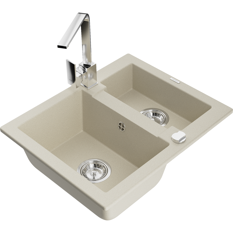 Mexen Carlos granite kitchen sink 1.5-bowl with Rita kitchen tap, beige - 6518-69-670300-00