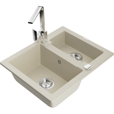 Mexen Carlos granite kitchen sink 1.5-bowl with Rita kitchen tap, beige - 6518-69-670300-00