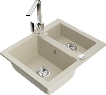 Mexen Carlos 1.5-bowl granite sink with Rita kitchen faucet, beige - 6518-69-670300-00