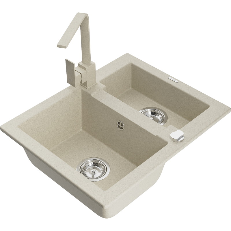 Mexen Carlos 1.5-bowl granite sink with Rita kitchen faucet, beige - 6518-69-670300-69