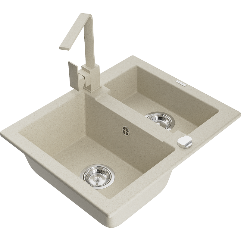 Mexen Carlos 1,5-compartment granite sink with a kitchen mixer tap Rita, Beige - 6518-69-670300-69