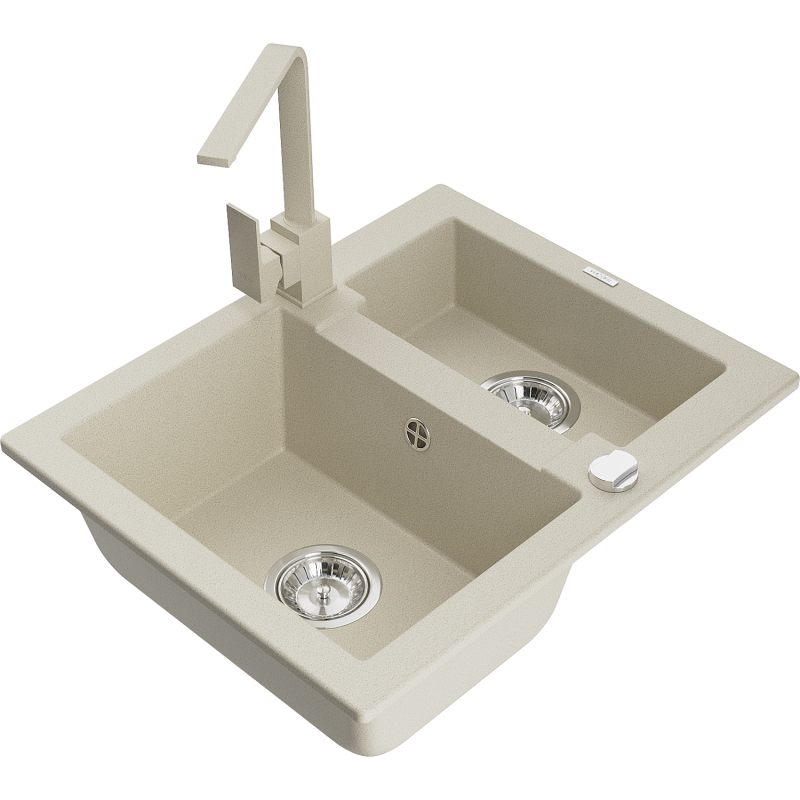 Mexen Carlos granite sink 1.5-bowl with Rita kitchen tap, beige - 6518-69-670300-69