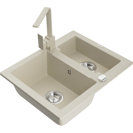 Mexen Carlos 1.5-bowl granite sink with Rita kitchen faucet, beige - 6518-69-670300-69