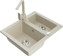 Mexen Carlos 1.5-bowl granite sink with Rita kitchen faucet, beige - 6518-69-670300-69