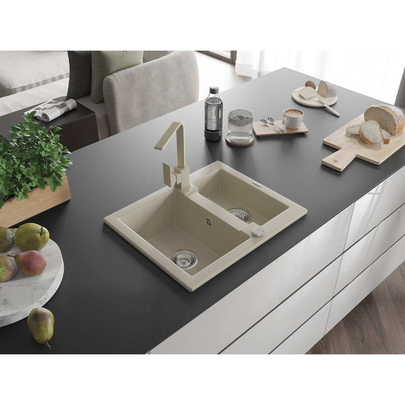 Mexen Carlos 1.5-bowl granite sink with Rita kitchen faucet, beige - 6518-69-670300-69