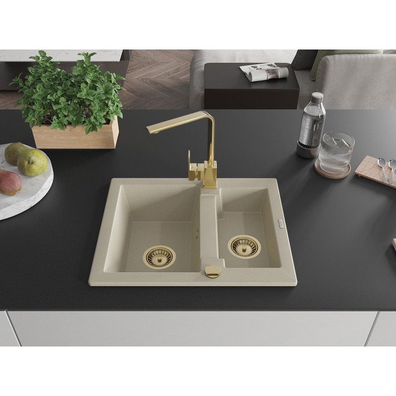 Mexen Carlos granite sink 1.5-basin with Rita kitchen faucet, beige - 6518-69-670300-50