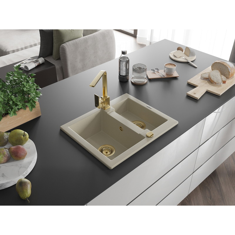Mexen Carlos granite sink 1.5-basin with Rita kitchen faucet, beige - 6518-69-670300-50