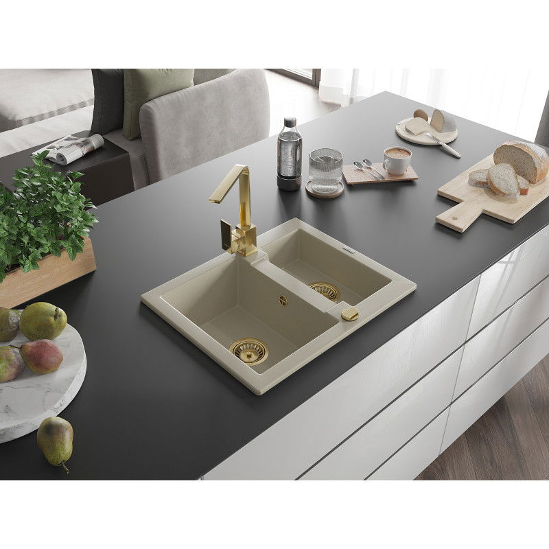 Mexen Carlos granite sink 1.5-bowl with Rita kitchen tap, beige - 6518-69-670300-50