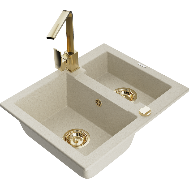 Mexen Carlos 1,5-compartment granite sink with a kitchen mixer tap Rita, Beige - 6518-69-670300-50