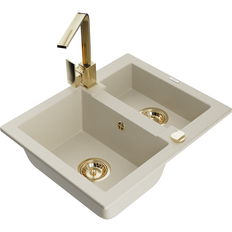 Mexen Carlos granite sink 1.5-basin with Rita kitchen faucet, beige - 6518-69-670300-50