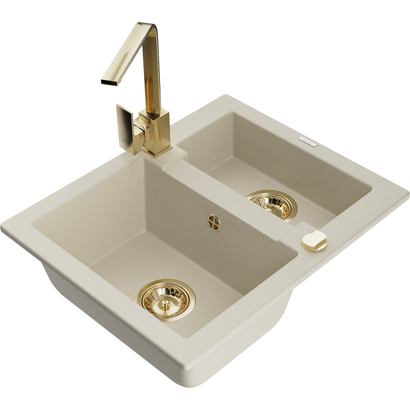Mexen Carlos granite sink 1.5-bowl with Rita kitchen tap, beige - 6518-69-670300-50
