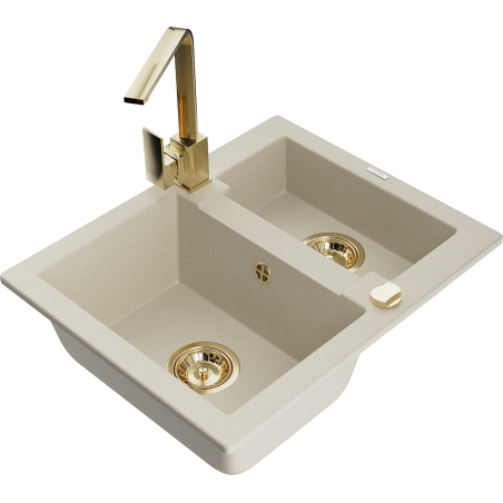 Mexen Carlos granite sink 1.5-basin with Rita kitchen faucet, beige - 6518-69-670300-50