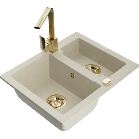 Mexen Carlos granite sink 1.5-bowl with Rita kitchen tap, beige - 6518-69-670300-50