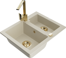 Mexen Carlos granite sink 1.5-basin with Rita kitchen faucet, beige - 6518-69-670300-50