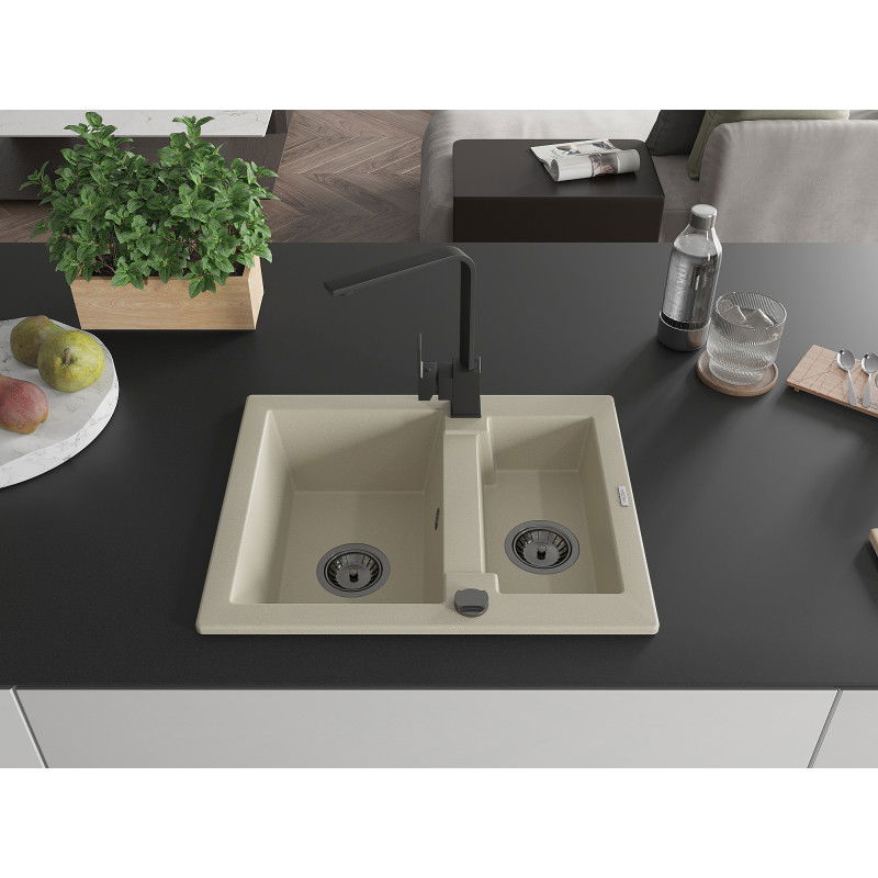 Mexen Carlos Granite Sink 1.5-Bowl with Rita Kitchen Tap, Beige - 6518-69-670300-70
