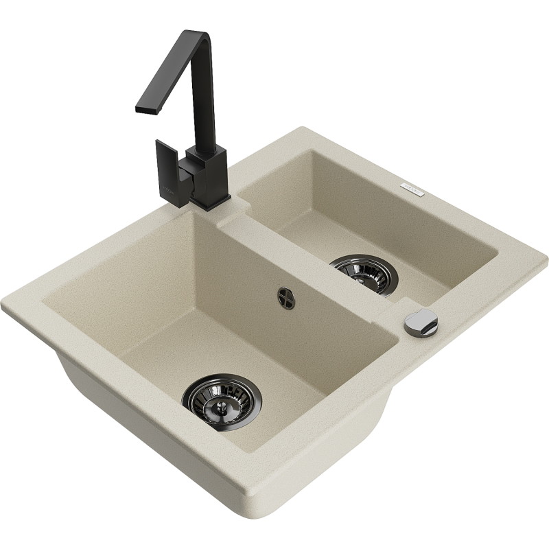 Mexen Carlos 1.5-bowl granite sink with Rita kitchen faucet, beige - 6518-69-670300-70