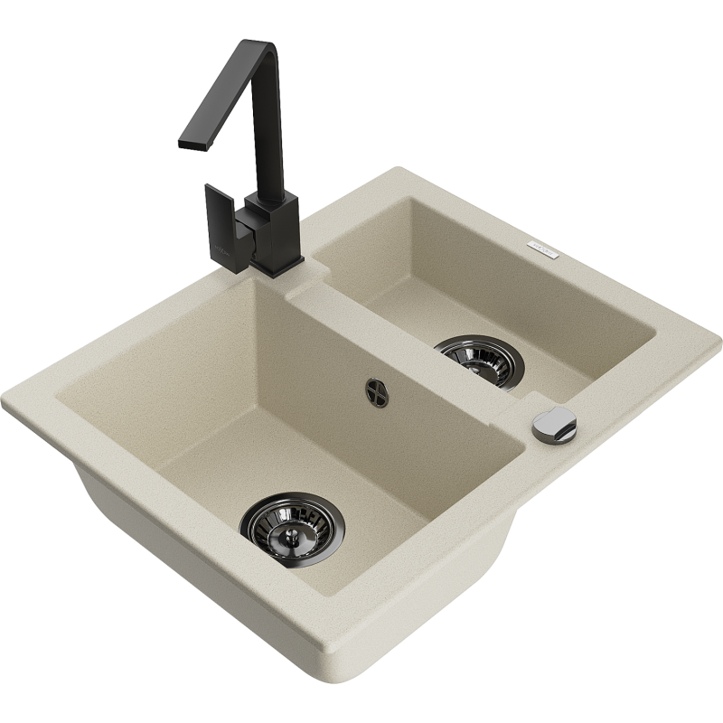 Mexen Carlos 1,5-compartment granite sink with a kitchen mixer tap Rita, Beige - 6518-69-670300-70