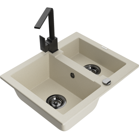 Mexen Carlos 1.5-bowl granite sink with Rita kitchen faucet, beige - 6518-69-670300-70