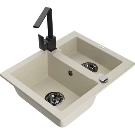 Mexen Carlos granite sink 1.5-bowl with kitchen faucet Rita, beige - 6518-69-670300-70