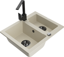 Mexen Carlos granite sink 1.5-bowl with kitchen faucet Rita, beige - 6518-69-670300-70