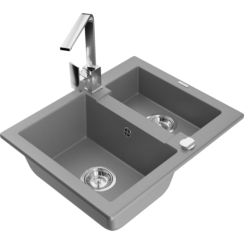 Mexen Carlos 1,5-compartment granite sink with a kitchen mixer tap Rita, Grey - 6518-71-670300-00