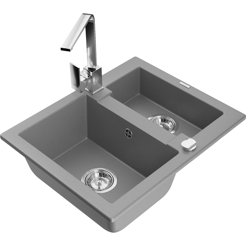 Mexen Carlos granite sink 1.5-bowl with Rita kitchen tap, grey - 6518-71-670300-00