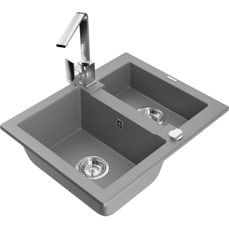 Mexen Carlos 1,5-compartment granite sink with a kitchen mixer tap Rita, Grey - 6518-71-670300-00