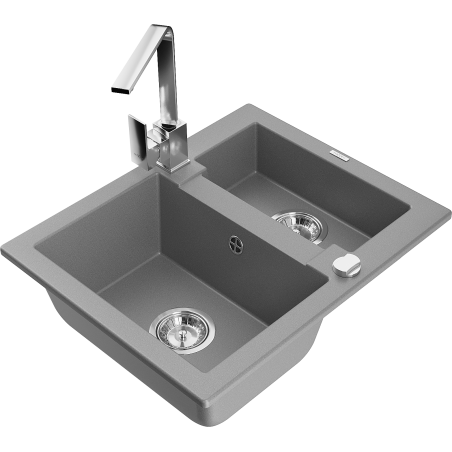 Mexen Carlos granite sink 1.5-bowl with Rita kitchen tap, grey - 6518-71-670300-00