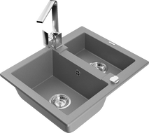Mexen Carlos 1.5-bowl granite sink with Rita kitchen faucet, gray - 6518-71-670300-00