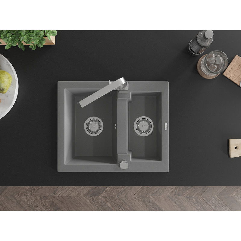 Mexen Carlos granite sink 1.5-bowl with Rita kitchen tap, grey - 6518-71-670300-00