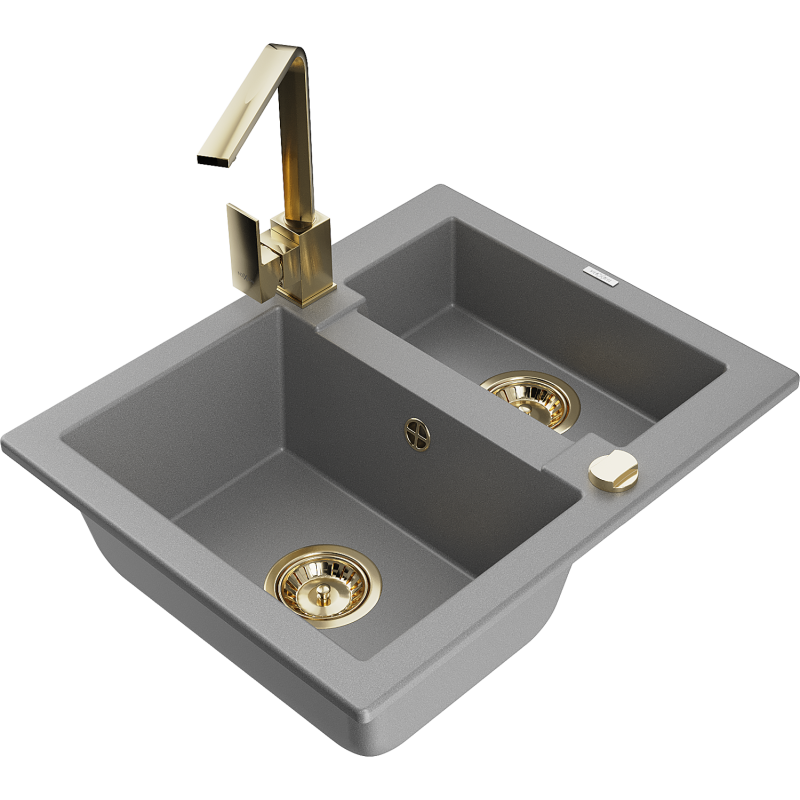 Mexen Carlos 1.5-Bowl Granite Kitchen Sink with Rita Tap, Grey - 6518-71-670300-50