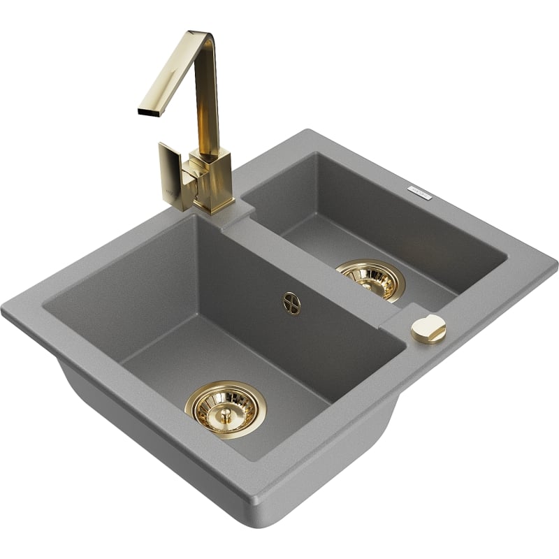 Mexen Carlos 1.5-Bowl Granite Sink with Kitchen Faucet Rita, Gray - 6518-71-670300-50