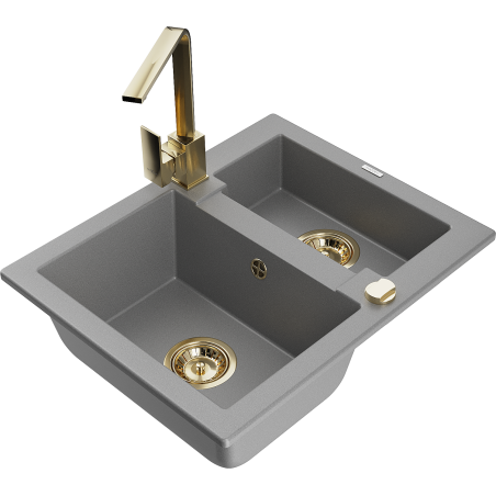 Mexen Carlos 1.5-Bowl Granite Kitchen Sink with Rita Tap, Grey - 6518-71-670300-50