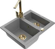 Mexen Carlos 1,5-compartment granite sink with a kitchen mixer tap Rita, Grey - 6518-71-670300-50