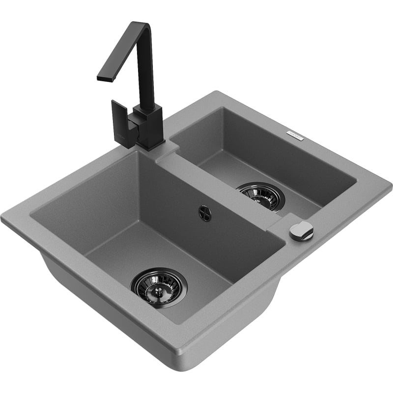 Mexen Carlos 1.5-bowl granite sink with kitchen faucet Rita, gray - 6518-71-670300-70-B