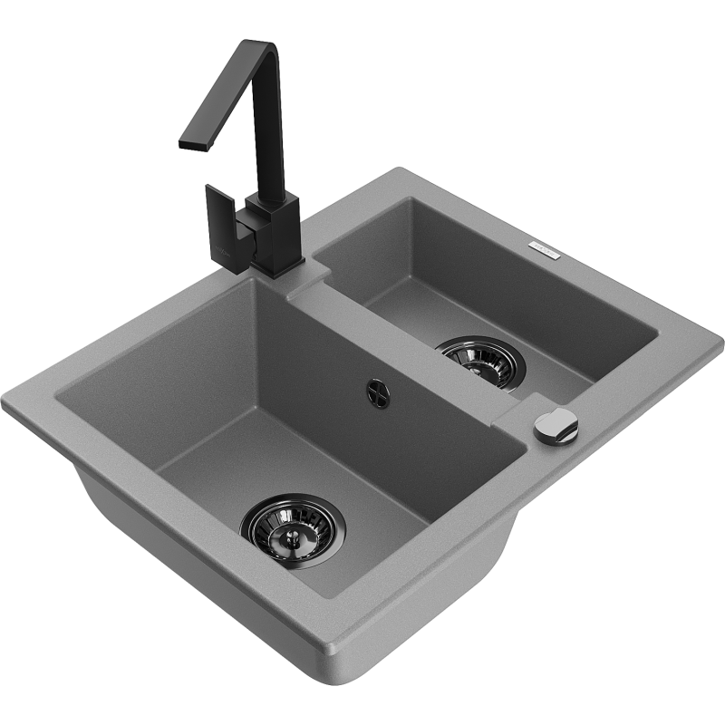 Mexen Carlos granite sink 1.5-bowl with Rita kitchen tap, grey - 6518-71-670300-70-B