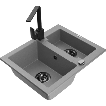 Mexen Carlos 1.5-bowl granite sink with kitchen faucet Rita, gray - 6518-71-670300-70-B