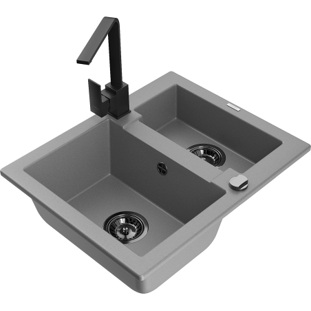 Mexen Carlos granite sink 1.5-bowl with Rita kitchen faucet, gray - 6518-71-670300-70-B