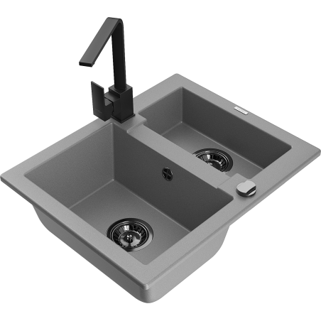 Mexen Carlos granite sink 1.5-bowl with Rita kitchen tap, grey - 6518-71-670300-70-B