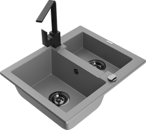 Mexen Carlos 1.5-bowl granite sink with kitchen faucet Rita, gray - 6518-71-670300-70-B