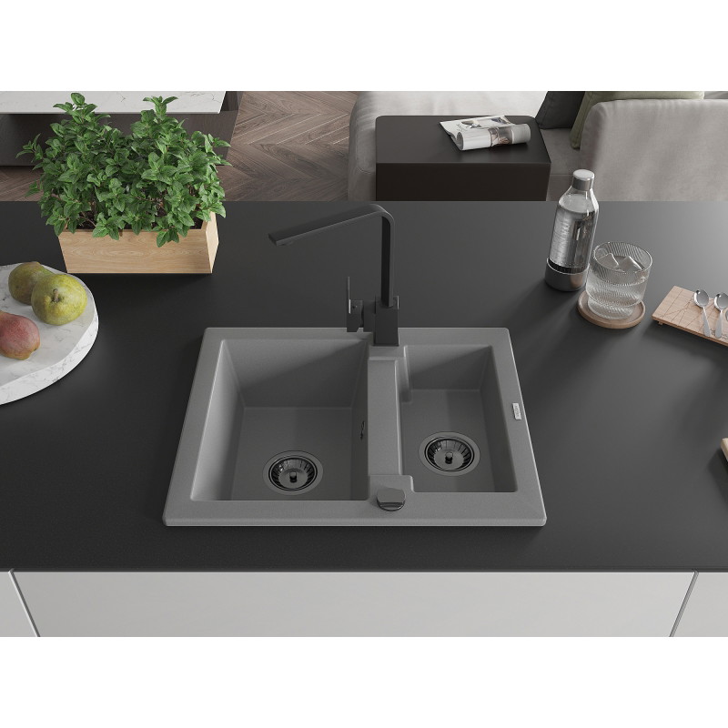 Mexen Carlos granite sink 1.5-bowl with Rita kitchen faucet, gray - 6518-71-670300-70-B
