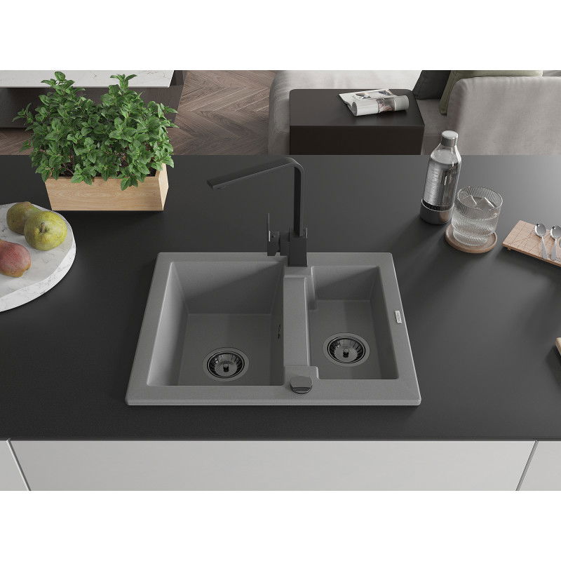Mexen Carlos granite sink 1.5-bowl with Rita kitchen tap, grey - 6518-71-670300-70-B