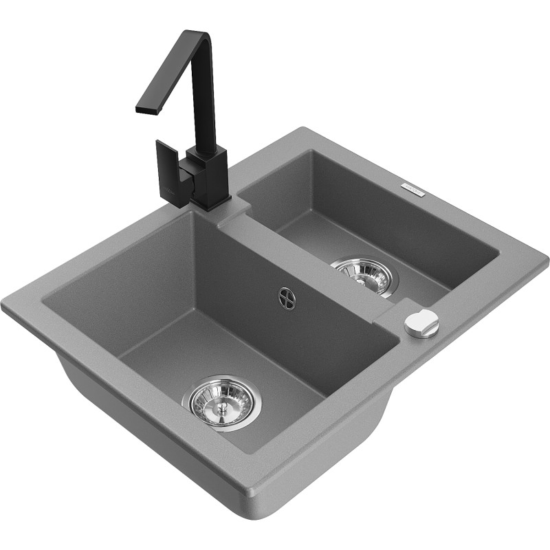 Mexen Carlos granite kitchen sink 1.5-bowl with Rita kitchen faucet, gray - 6518-71-670300-70