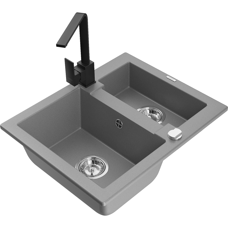 Mexen Carlos granite sink 1.5-bowl with Rita kitchen tap, grey - 6518-71-670300-70