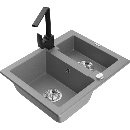 Mexen Carlos granite kitchen sink 1.5-bowl with Rita kitchen faucet, gray - 6518-71-670300-70