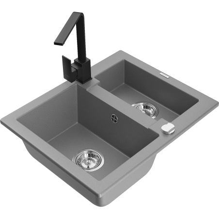 Mexen Carlos granite sink 1.5-bowl with kitchen faucet Rita, gray - 6518-71-670300-70