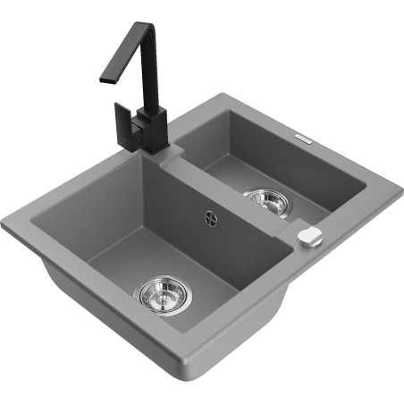 Mexen Carlos granite sink 1.5-bowl with Rita kitchen tap, grey - 6518-71-670300-70