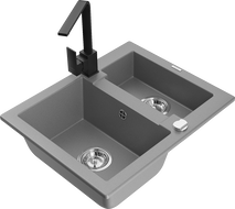 Mexen Carlos granite sink 1.5-bowl with kitchen faucet Rita, gray - 6518-71-670300-70