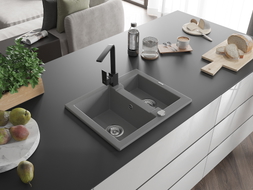 Mexen Carlos granite sink 1.5-bowl with kitchen faucet Rita, gray - 6518-71-670300-70